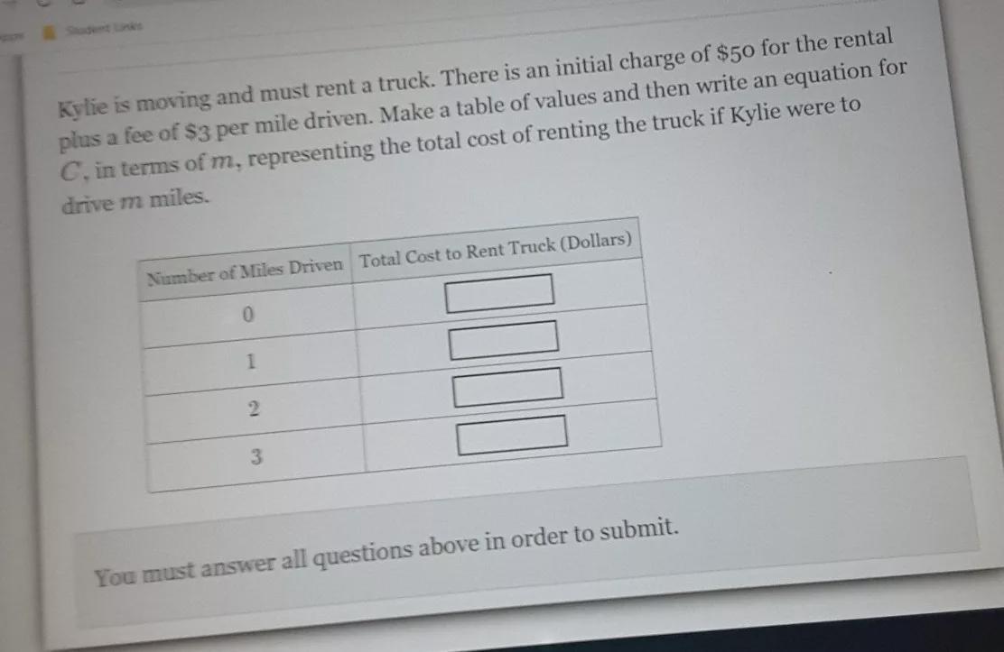 Kylie's Moving And Must Rent A Truck. There Is An Initial Charge Of $50 For The Rental Plus A Fee Of