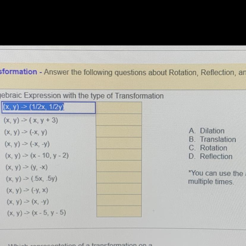 Match The Algebraic Expressions With The Type Of Transformation. 