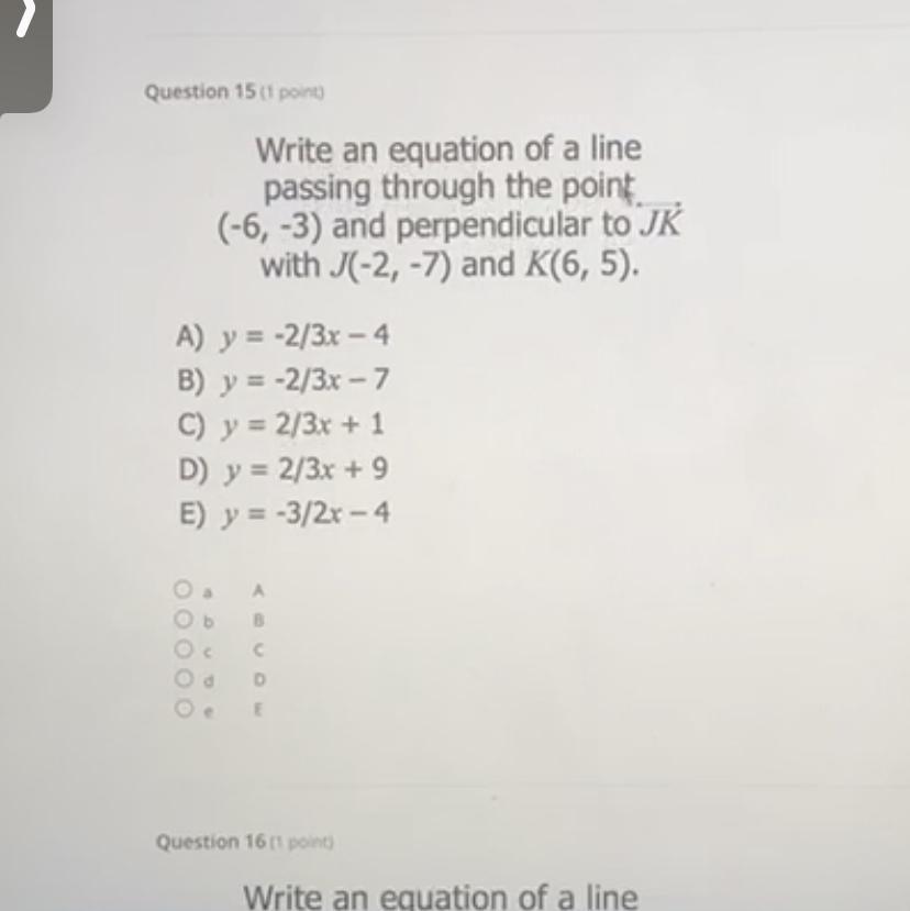Write An Equation Of A Line Passing Through The Point (-6,-3) And Perpendicular To JK With J (-2, -7)