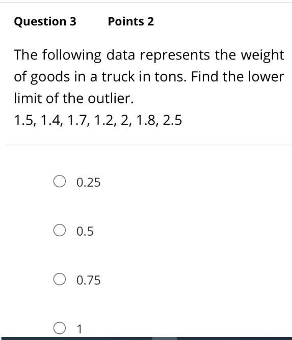 The Following Data Represents The Weight Of Goods In A Truck In Tons. Find The Lower Limit Of The Outlier.1.5,