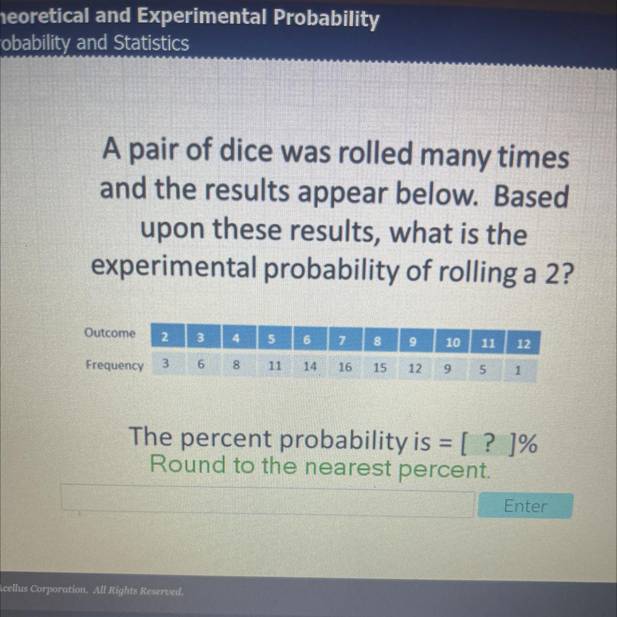 A Pair Of Dice Was Rolled Many Timesand The Results Appear Below. Basedupon These Results, What Is Theexperimental