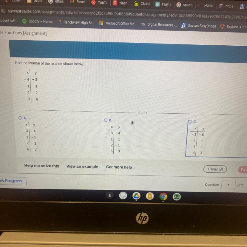 Choose The Correct Table For The Inverse Of The Relation Below 