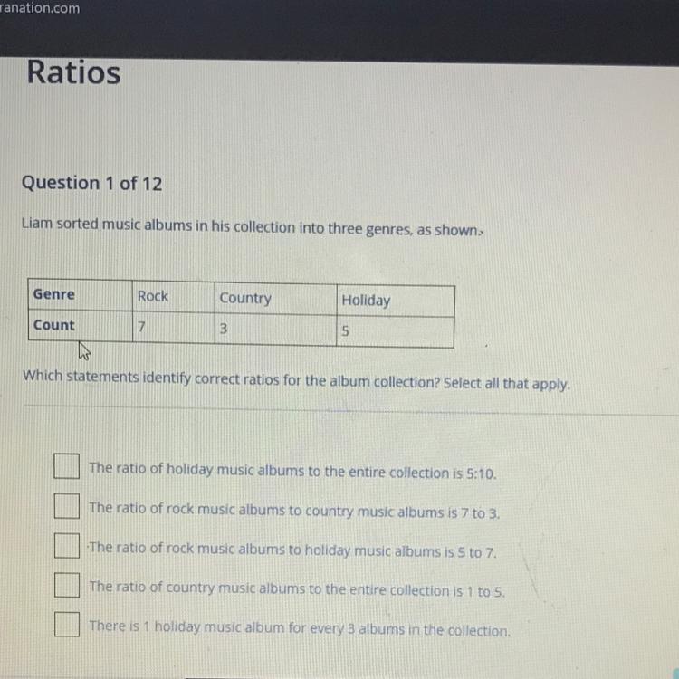 Question 1 Of 12Liam Sorted Music Albums In His Collection Into Three Genres As ShownGenreRockCountryHolidayCount735Which
