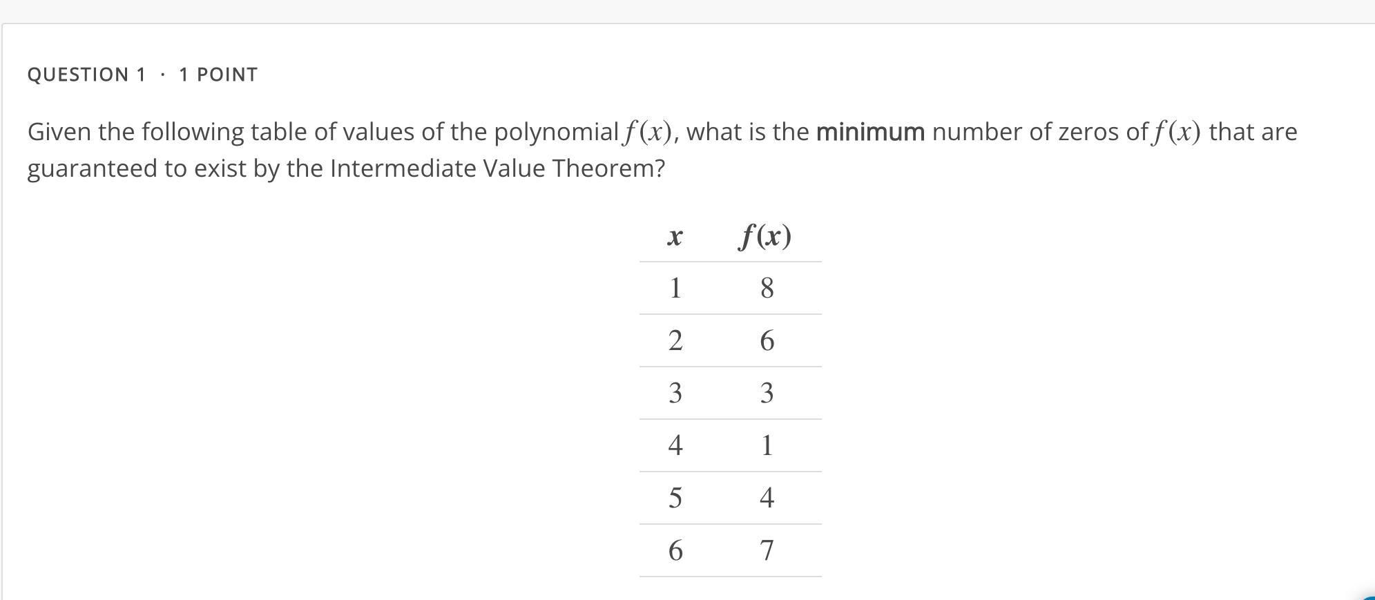 Given The Following Table Of Values Of The Polynomial F(x), What Is The Minimum Number Of Zeros Of F(x)