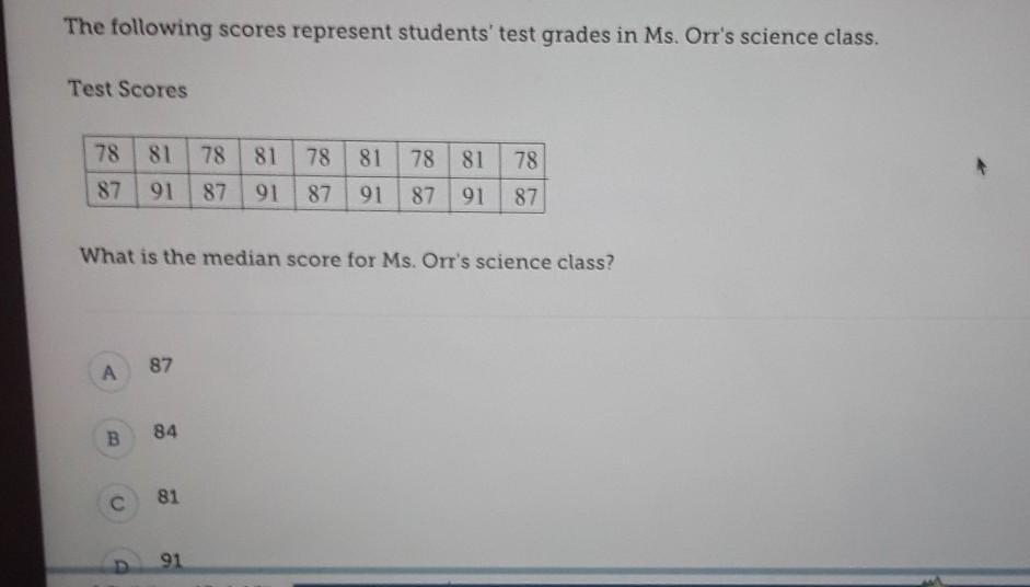 The Following Scores Represent Students' Test Grades In Ms. Orr's Science Class. Test Scores 78 81 78