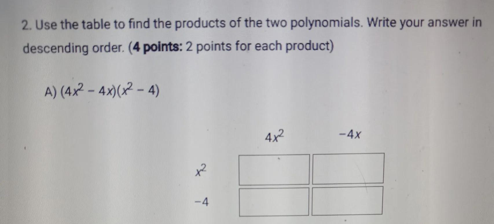 Use The Table To Find The Product Of The Two Polynomials. Write Your Answers In Descending Orde.
