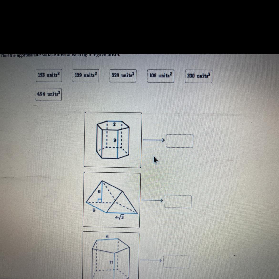 Match The Value To The Correct Image. Not All Values Will Be Used.Find The Approximate Surface Area Of