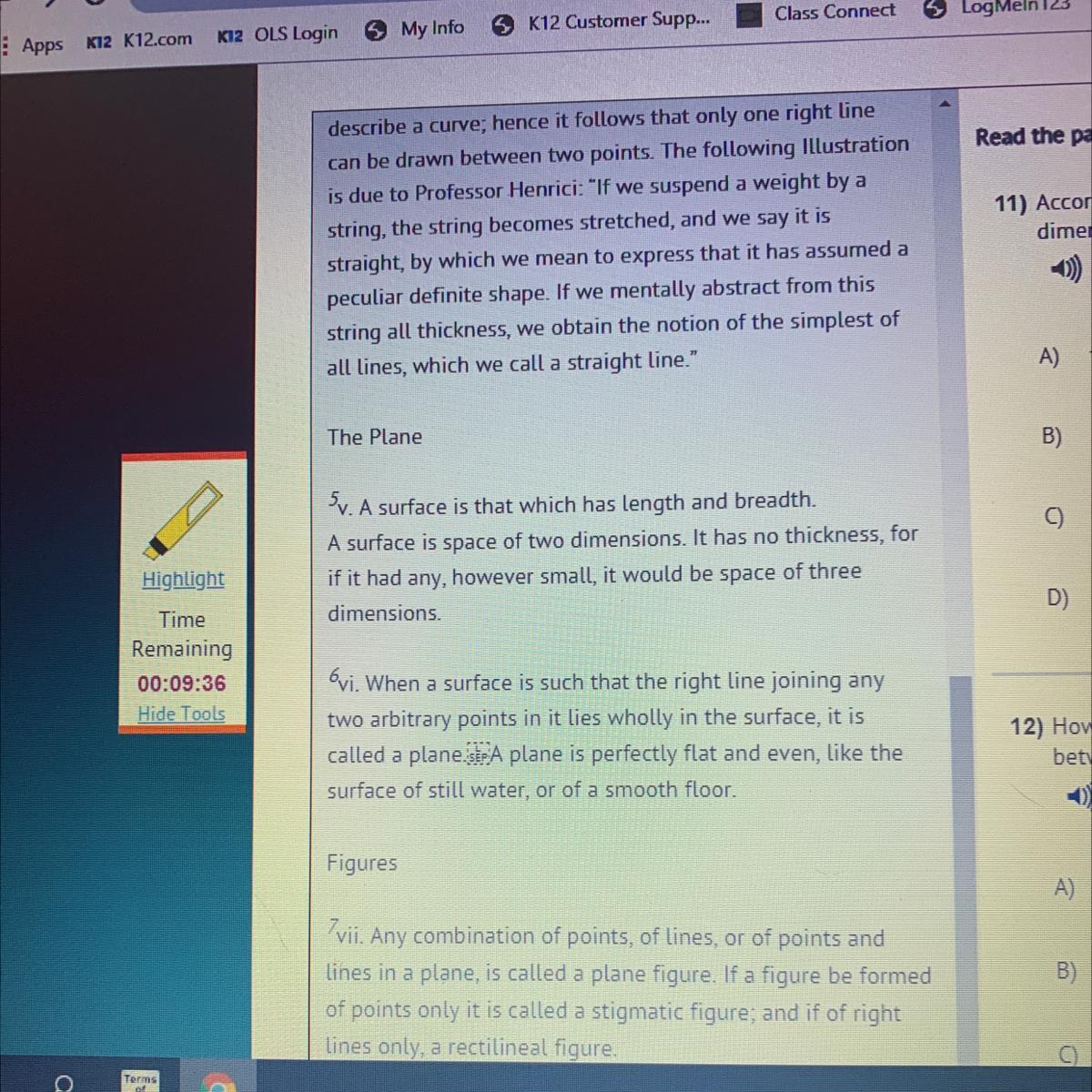 According To The Text, Which Element Has The LEAST Number Ofdimensions?A) FigureB) LineC) PlaneD) Point