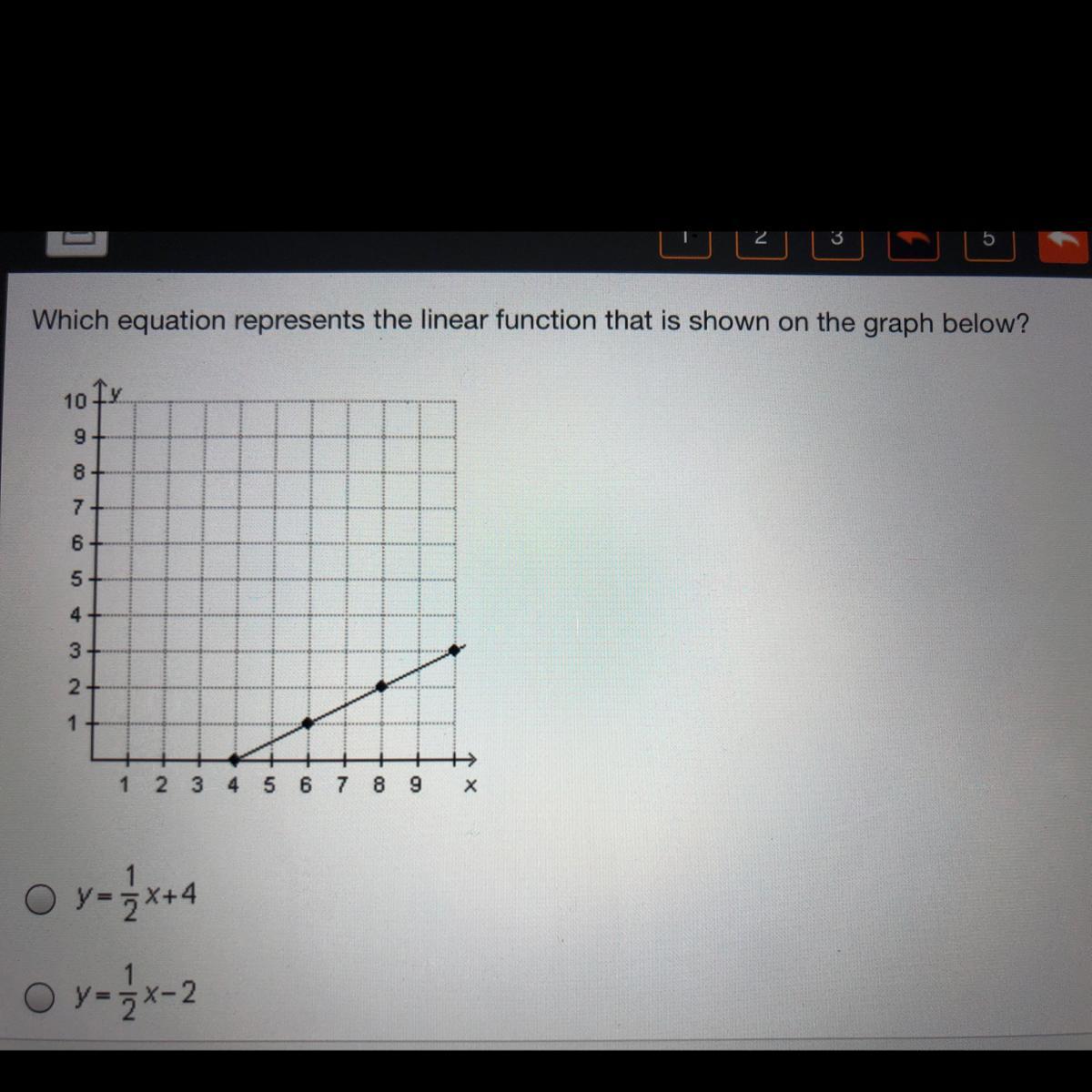 Which Equation Represents The Linear Function That Is Shown On The Graph Below ? A. Y=1/2 X+4 B. Y=1/2