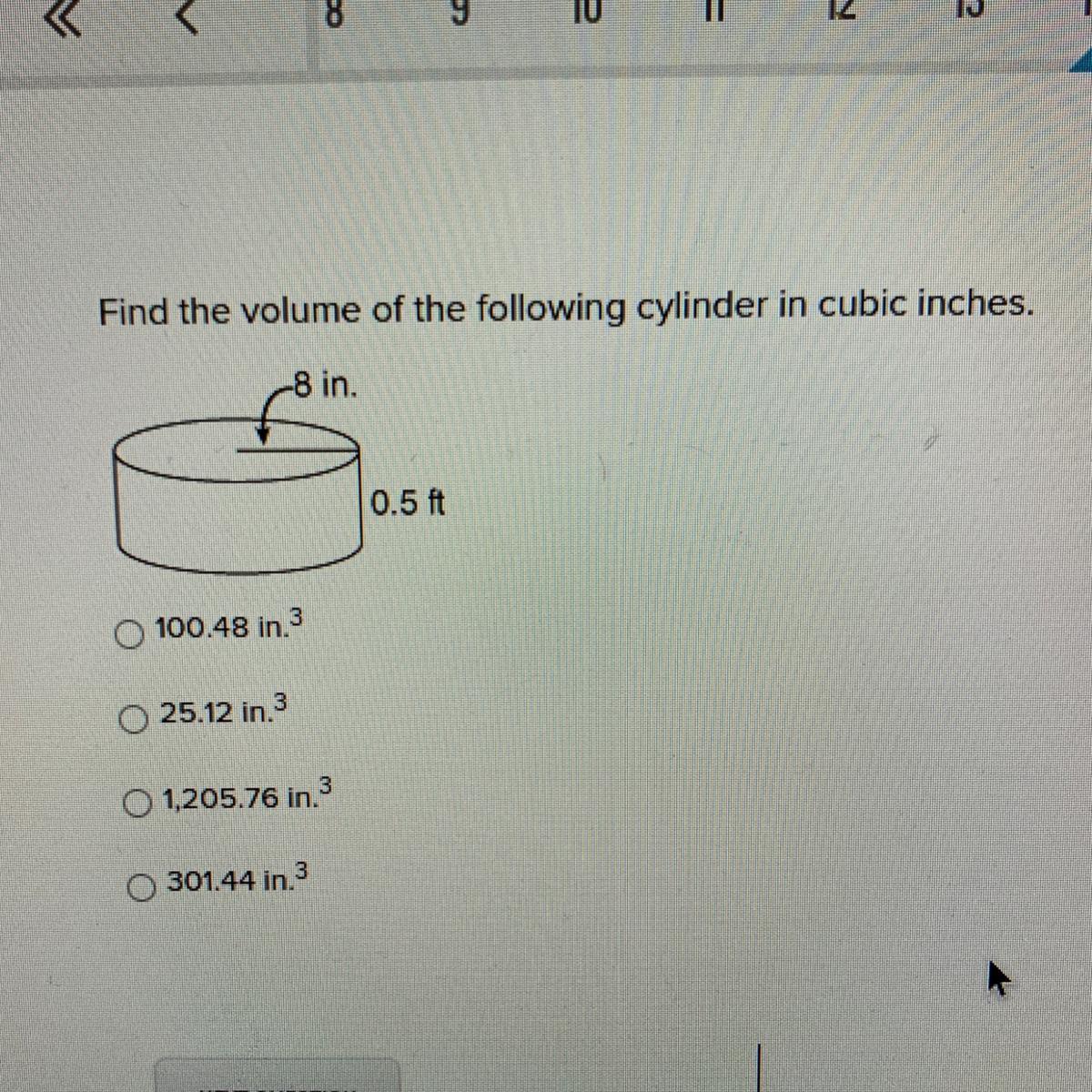 Find The Volume Of The Following Cylinder In Cubic Inches 