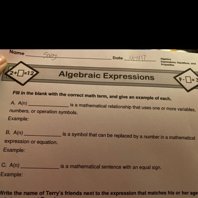 Fill In The Blank With The Correct Math Term, And Give An Example Of Each.A. A(n) ________is A Mathematical