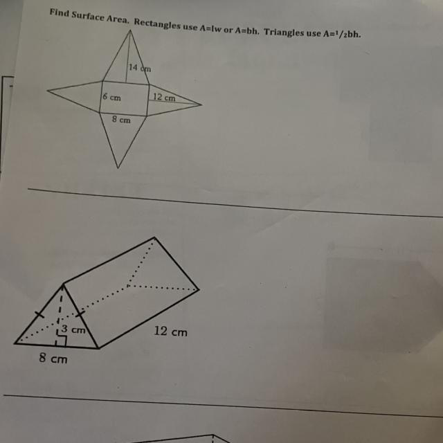 5 CmFind Surface Area. Rectangles Use Aslw Or Anbh. Triangles Use A=1/ibb.8 Cmcm6 Cm2 Cm148 CanA=12.m12