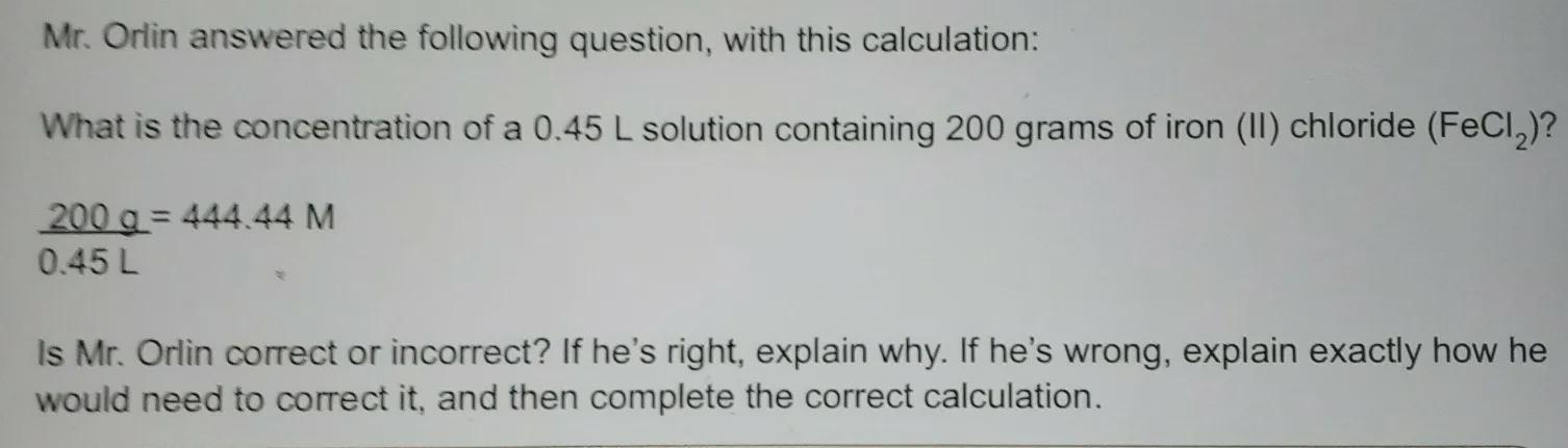 Chemistry Molarity (measuring The Concentration Of A Solution) - Correct The Question 