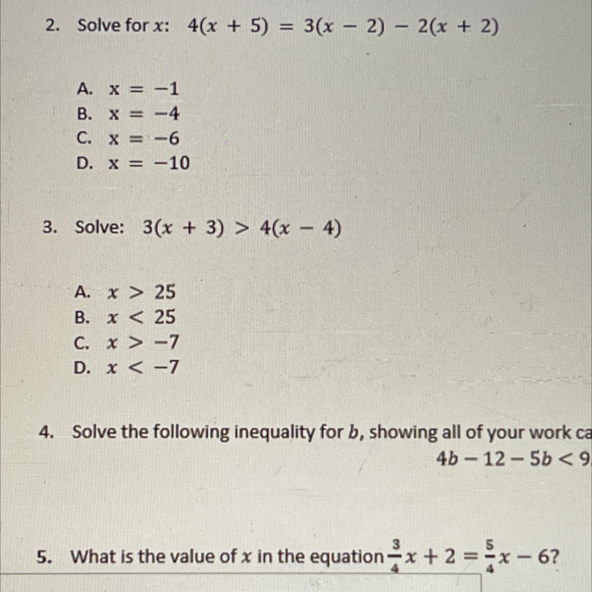 Solve For X: 4(x + 5) = 3(x - 2) -2(x + 2)Ill Mark Brainiest I Need An Answer ASAP
