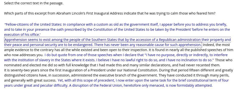 Help Me Please !Which Parts Of This Excerpt From Abraham Lincolns First Inaugural Address Indicate That