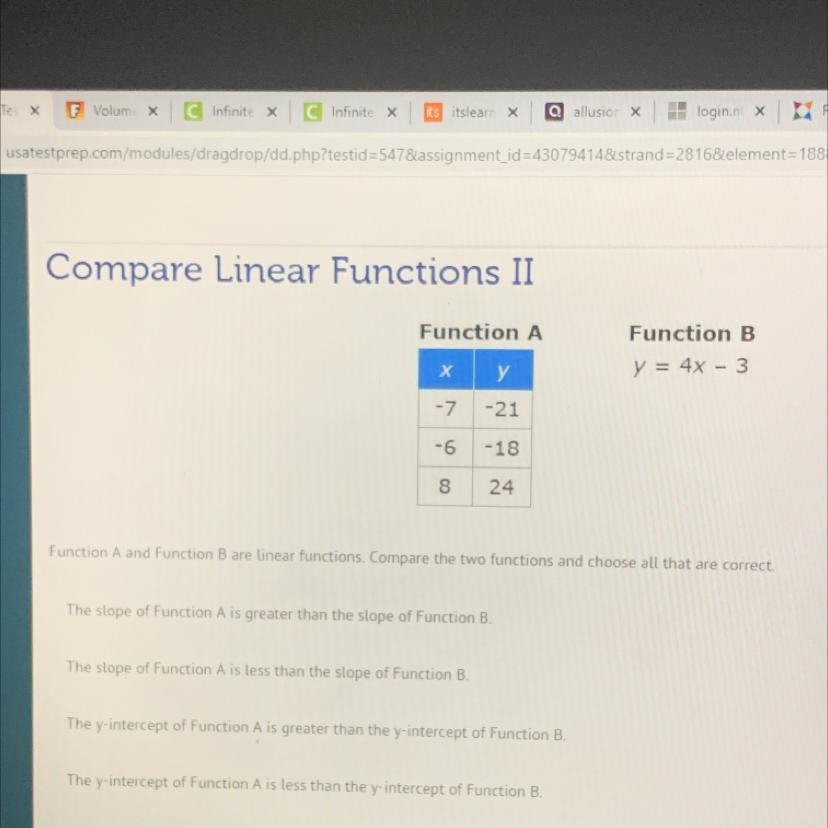 Function A And Function B Are Linear Functions. Compare The Two Functions And Choose All That Are Correct.