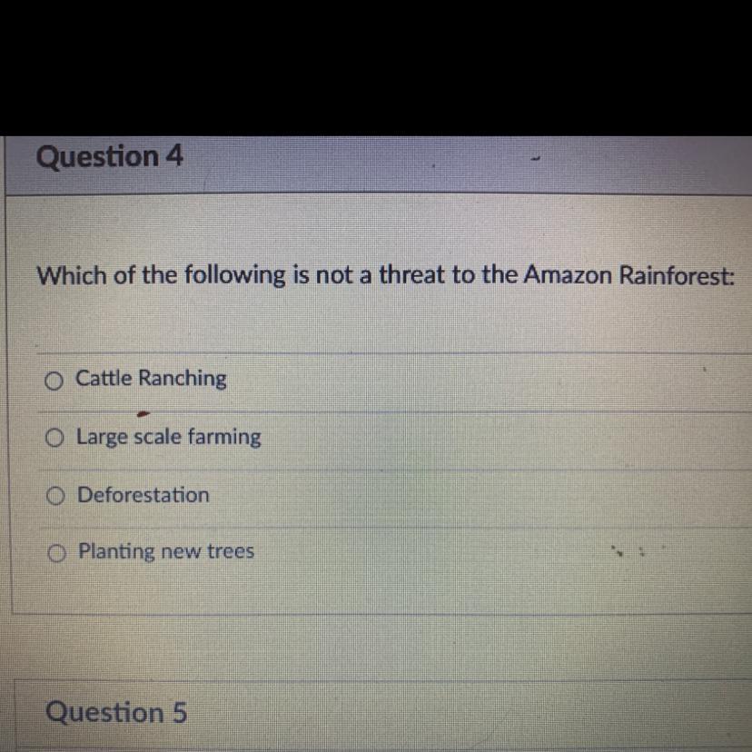 Which Of The Following Is Not A Threat To The Amazon Rainforest:Cattle Ranchingo Large Scale FarmingDeforestationO