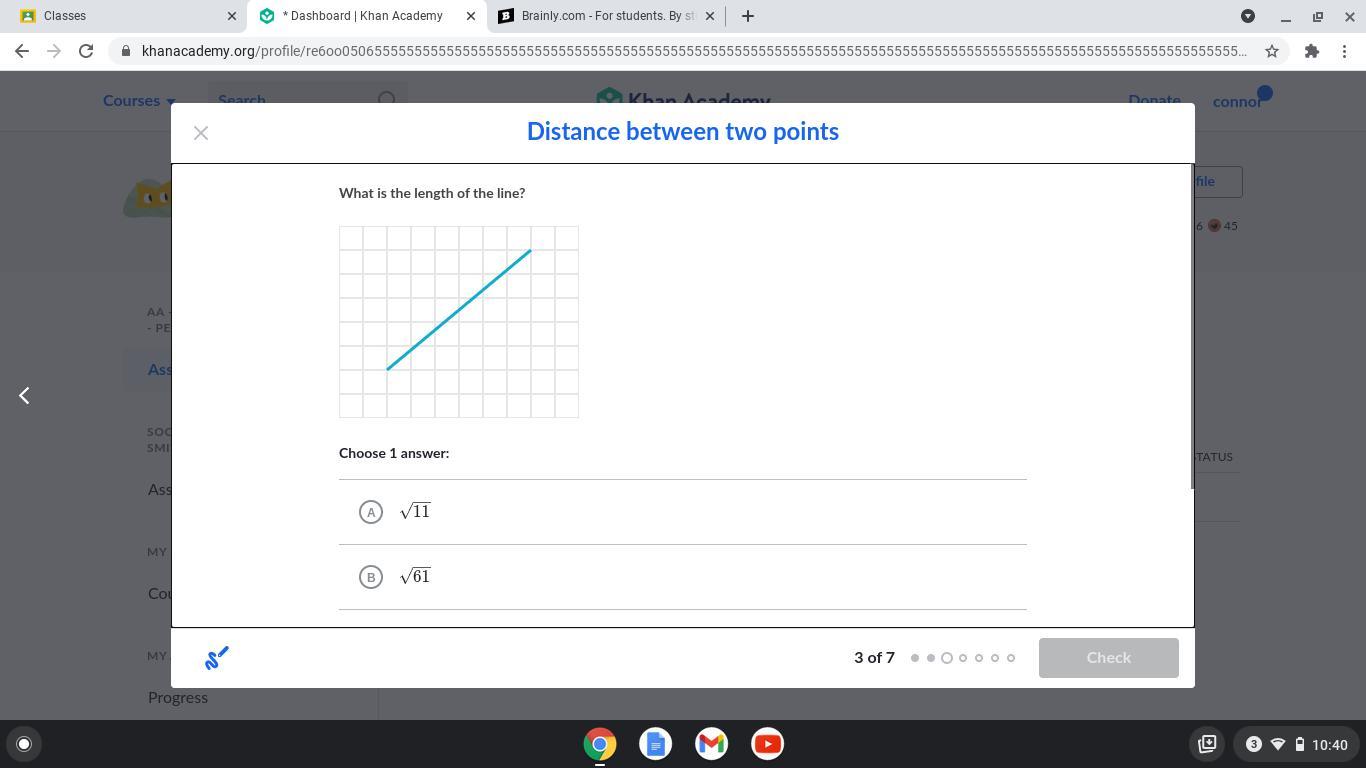 What Is The Length Of The Line?A. Square Root 11B. Square Root 61C.8D.11