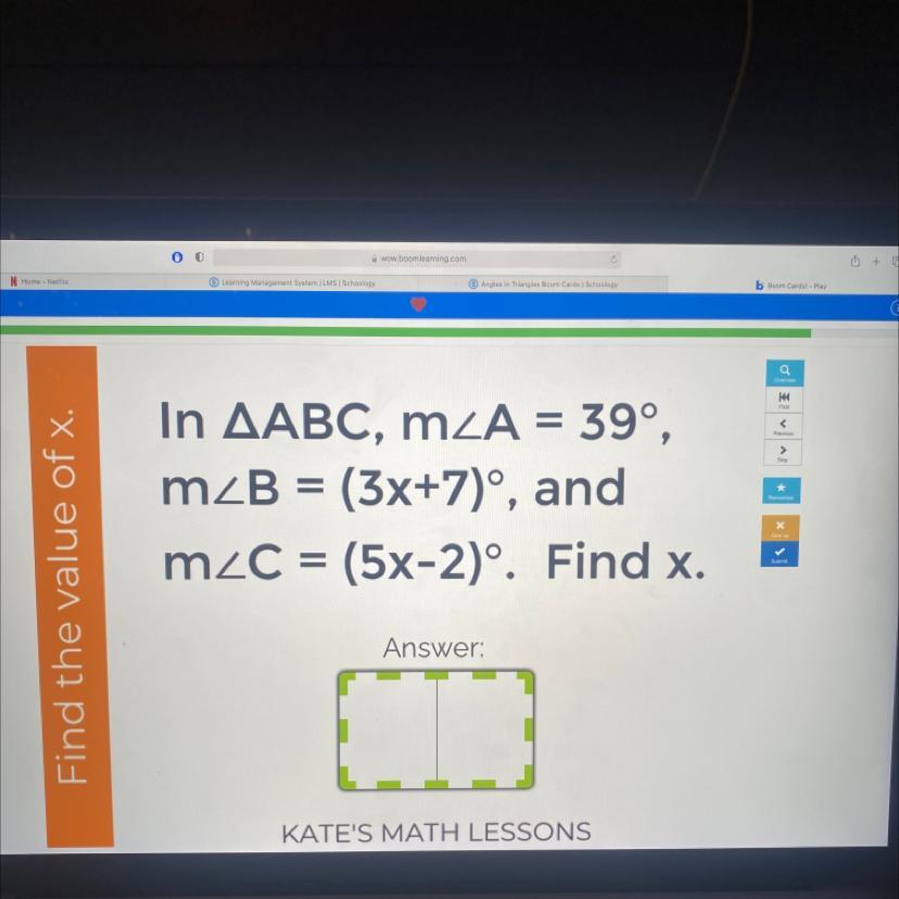 In AABC, MzA = 39,mzB = (3x+7), AndmzC = (5x-2). Find X. PLEASE HELP