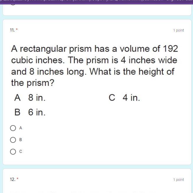 A Rectangular Prism Has A Volume Of 192 Cubic Inches The Prism Is 4 Inches Wide.....
