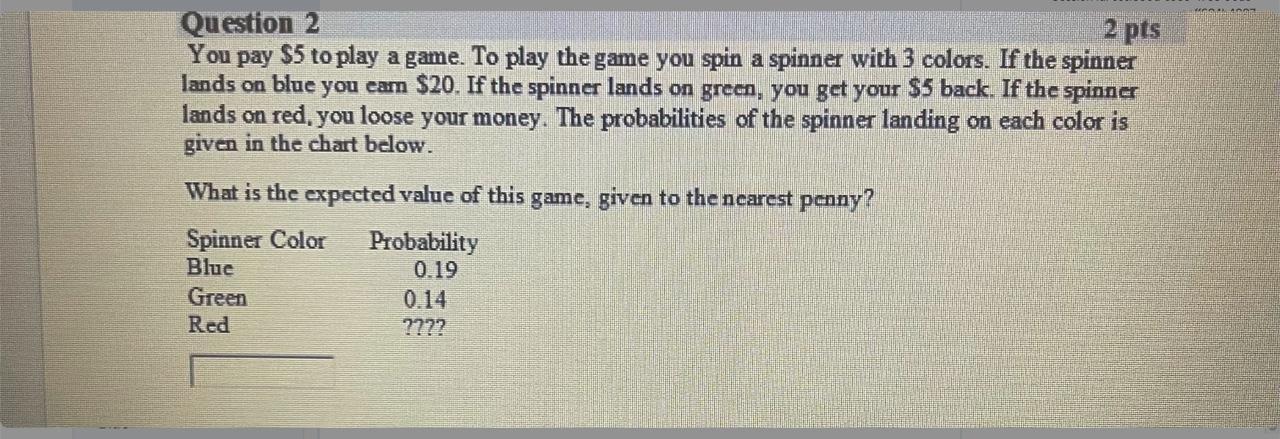 Question 22 PtsYou Pay $5 To Play A Game. To Play The Game You Spin A Spinner With 3 Colors. If The Spinnerlands