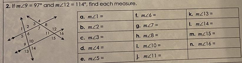 2. (Please Help)If M29 = 97 And MZ12 = 114, Find Each Measure.a. MZ1 =f. M26 =k. M213=812b. M2 =g. M27