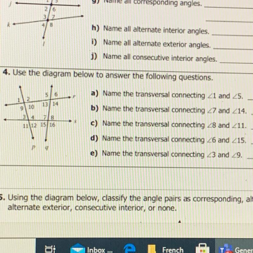 A) Name The Transversal Connecting 1 And 5b) Name The Transversal Connecting 7 And 14c) Name The Transversal