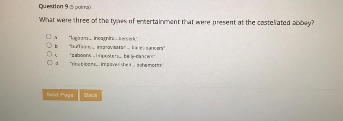 What Were Three Of The Types Of Entertainment That Were Present At The Castellated Abbey?a6"lagoons...