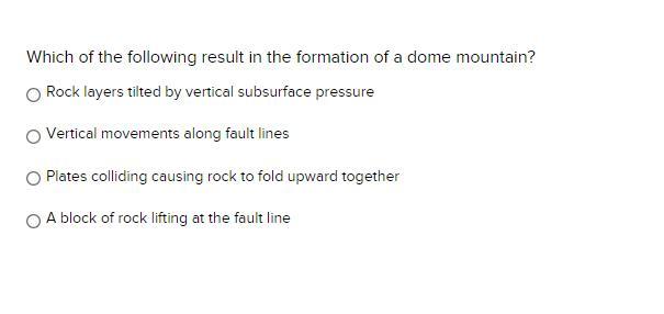 Which Of The Following Result In The Formation Of A Dome Mountain? Rock Layers Tilted By Vertical Subsurface