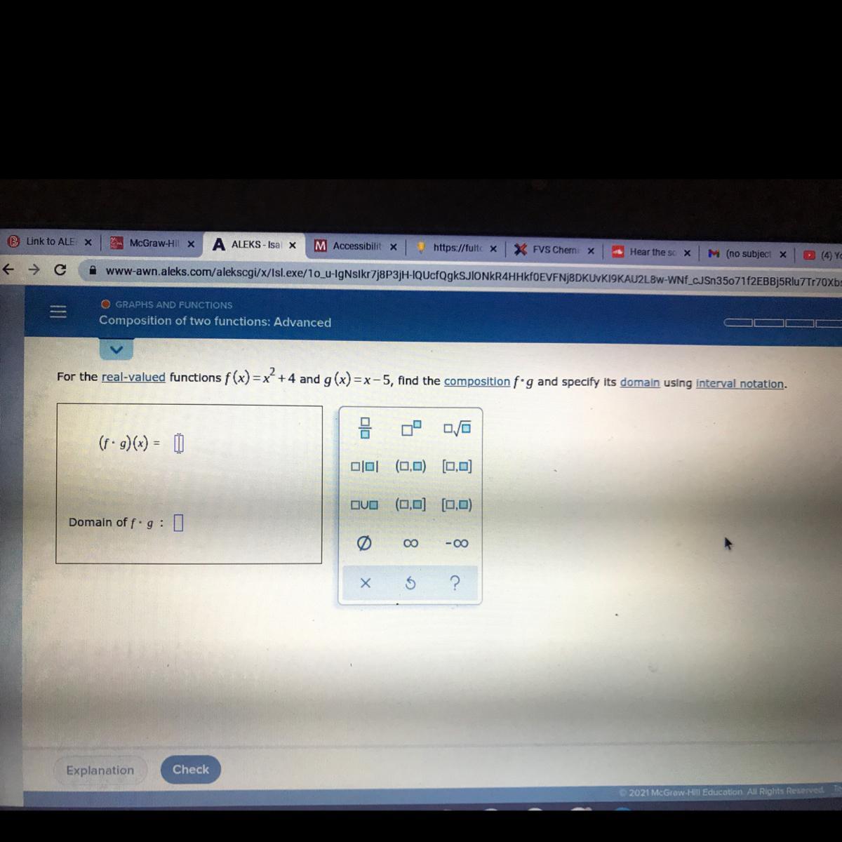 For The Real-valued Functions F (x)=x +4 And G(x)=x-5, Find The Composition F G And Specify Its Domain