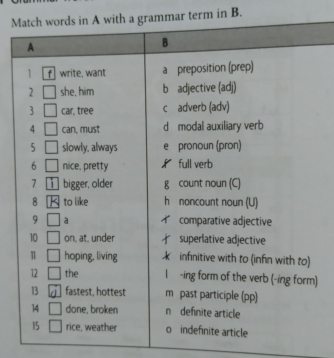 Plz Help...match Words In A With A Grammar Term In B.