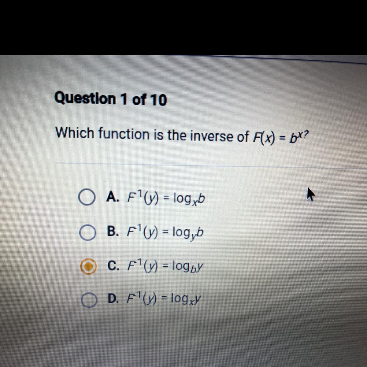 Which Function Is The Inverse Of F(x) = B^x?HELP FAST