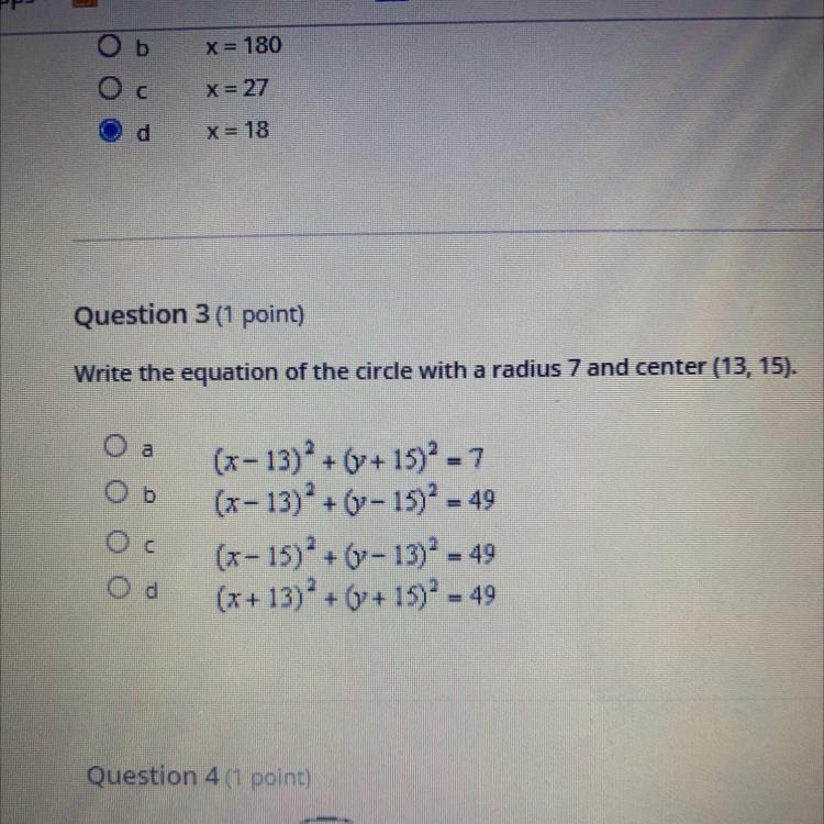 Write The Equation Of The Circle With A Radius 7 And Center (13, 15).HELP ASAP!!!