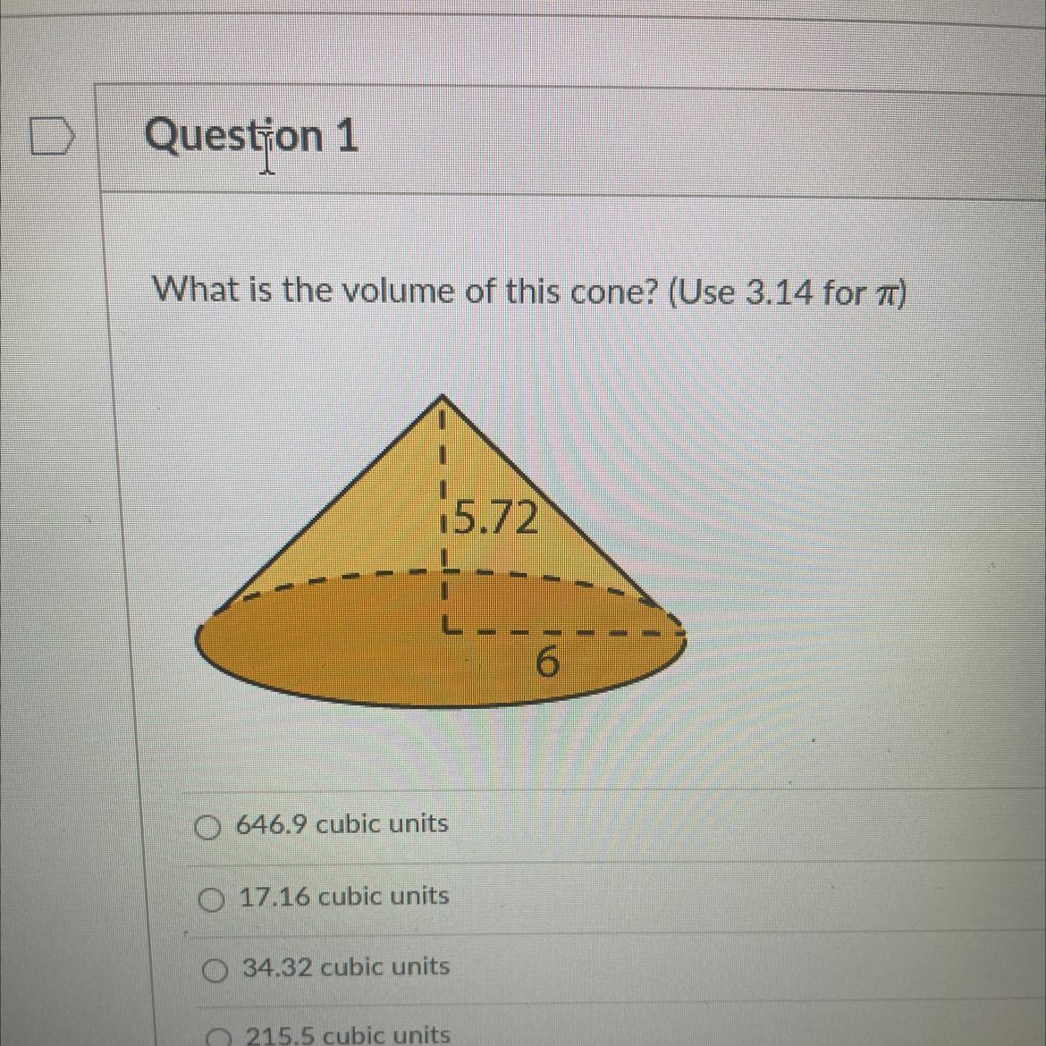 100 POINTS What Is The Volume Of This Cone? Use 3.14 For N 