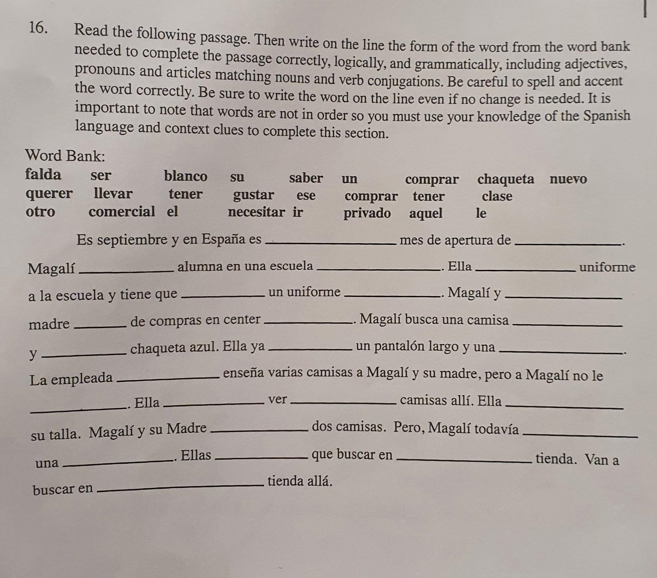 16. Read The Following Passage. Then Write On The Line The Form Of The Word From The Word Bank Needed