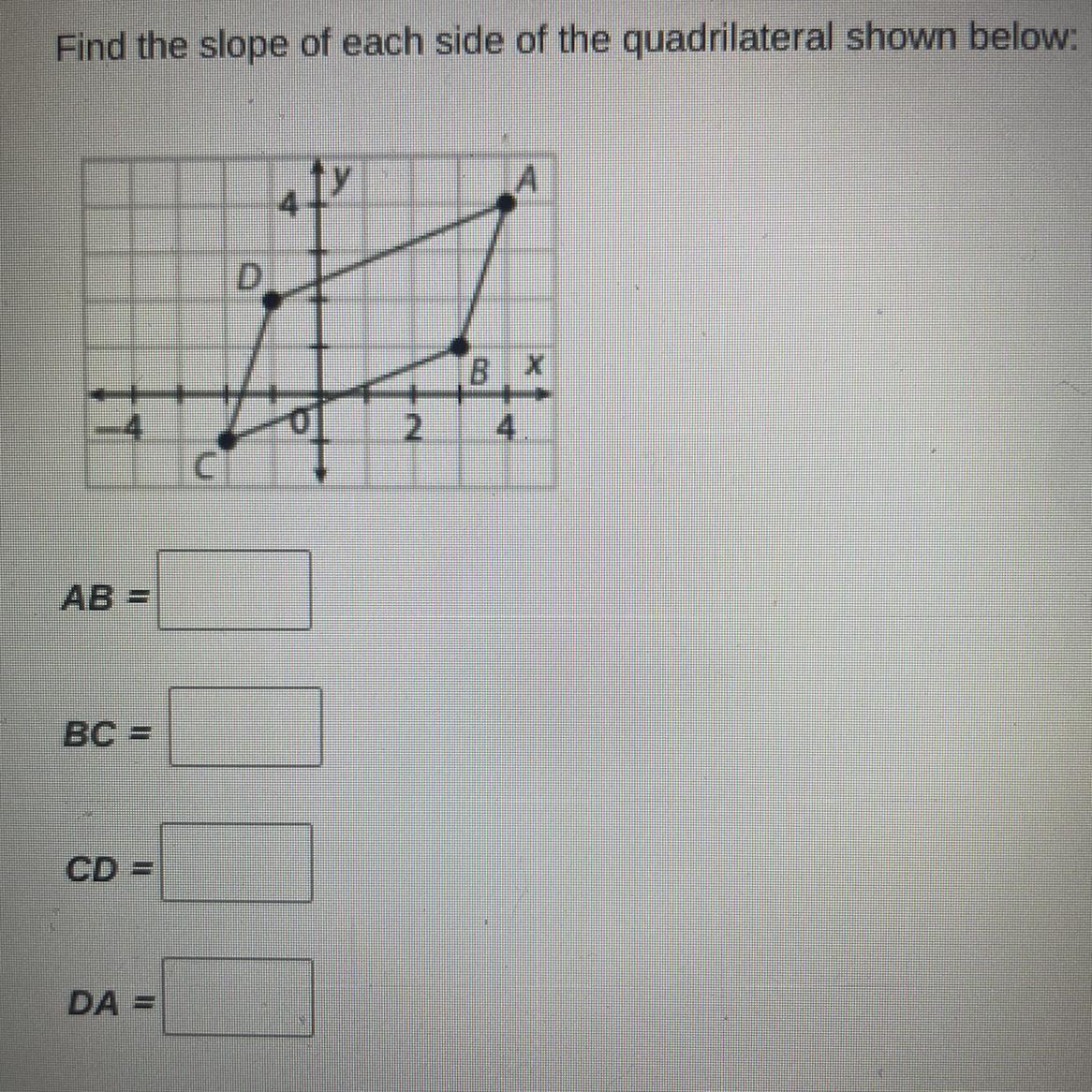 Find The Slope Of Each Side Of The Quadrilateral Please Help Thank You!