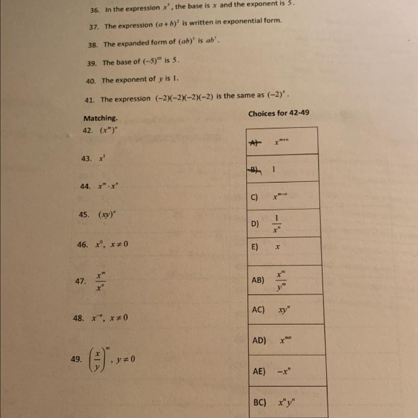 42-49 Needs To Be Answered. Please Dont Explain It Just Say Which Letter Corresponds With Each Question