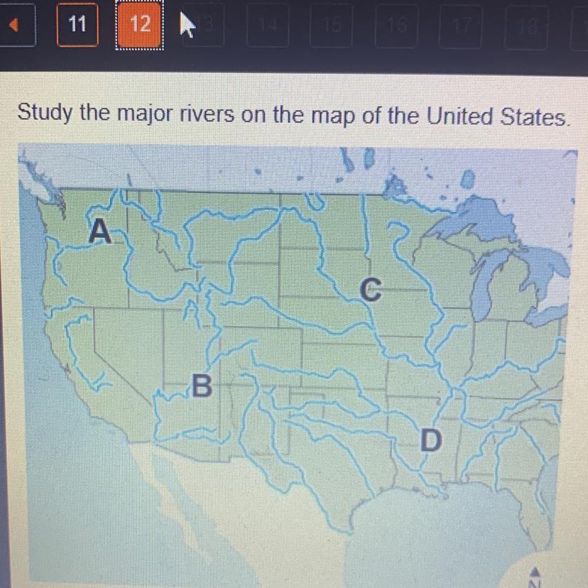 Study The Major Rivers On The Map Of The United States. Which River Is Marked With The Letter D? A) Columbia