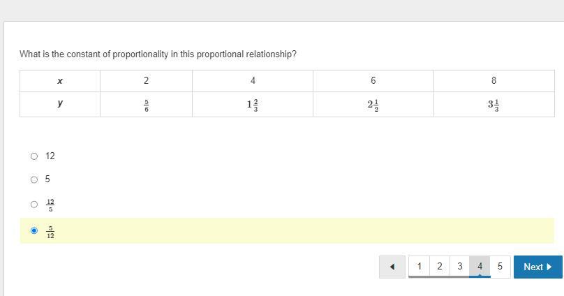 What Is The Constant Of Proportionality In This Proportional Relationship?x 2 4 6 8y 5/6 1 2/3 2 1/2