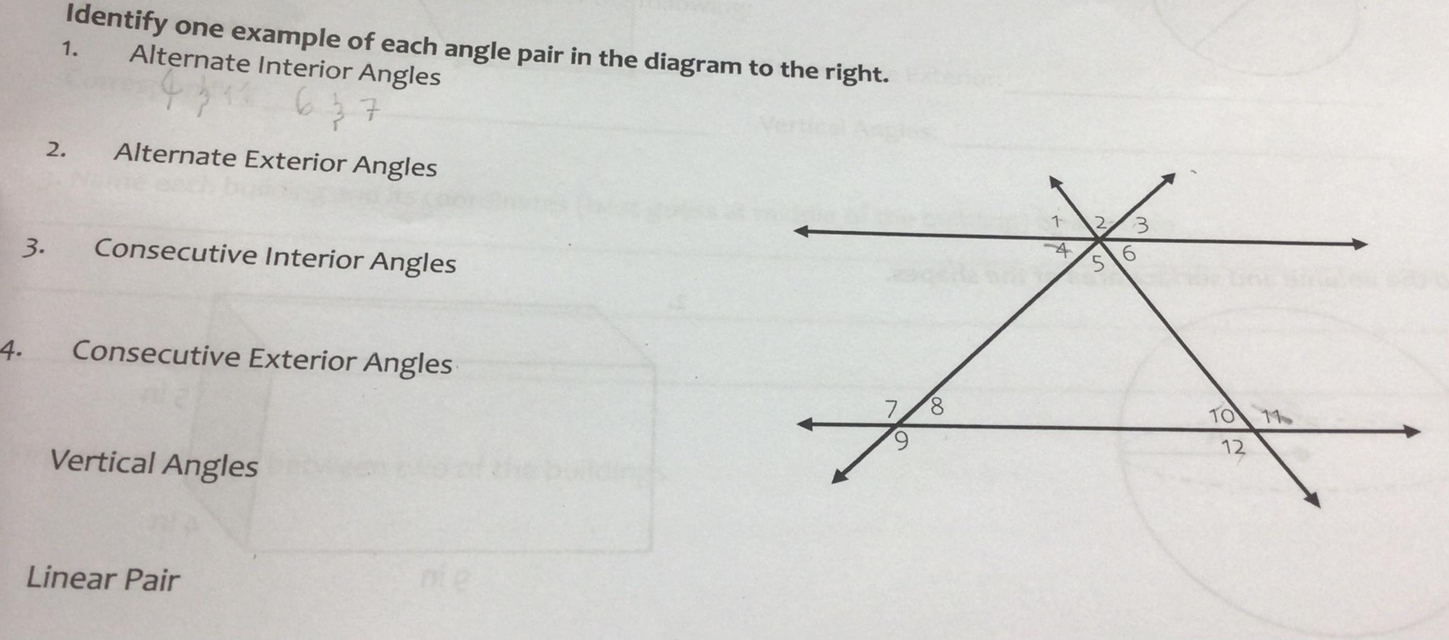 Identify One Example Of Each Angle Pair In The Diagram To The Right.