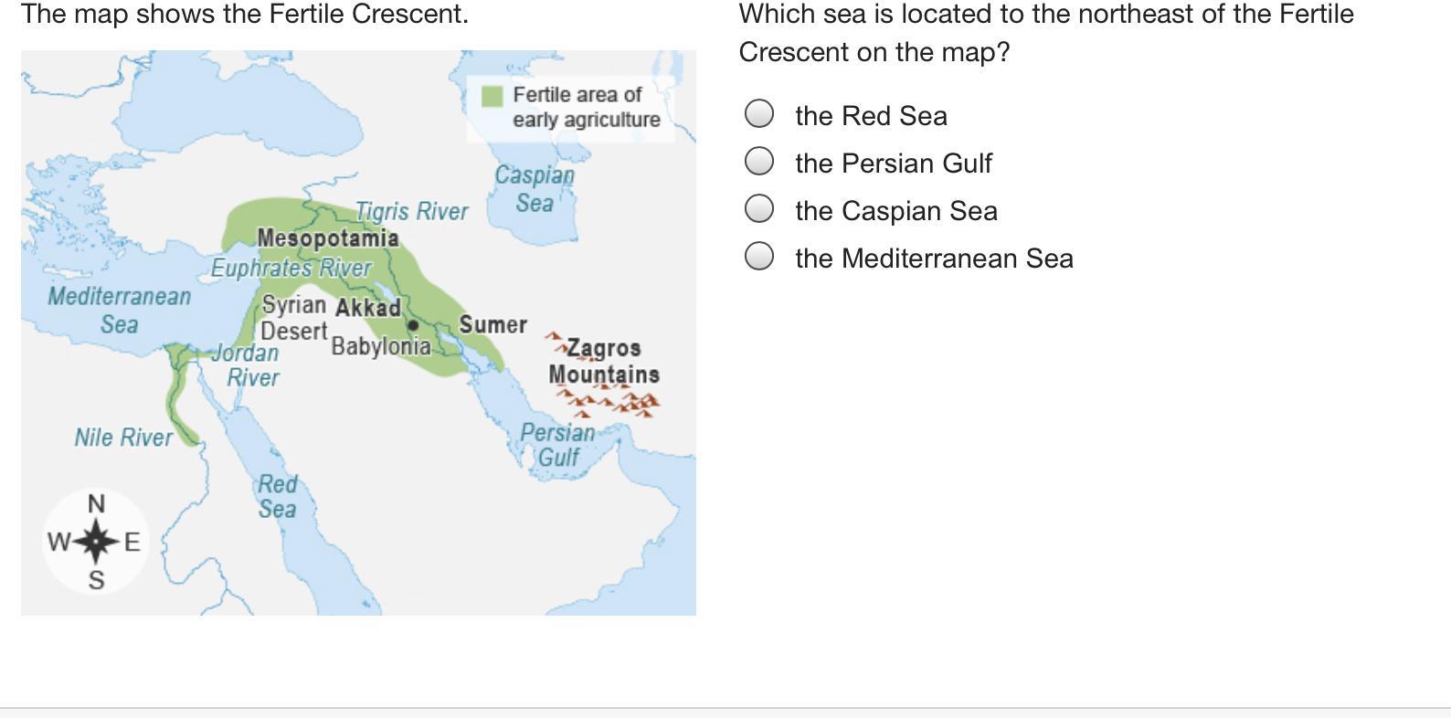 Which Sea Is Located To The Northeast Of The Fertile Crescent On The Map? The Red Sea The Persian Gulf