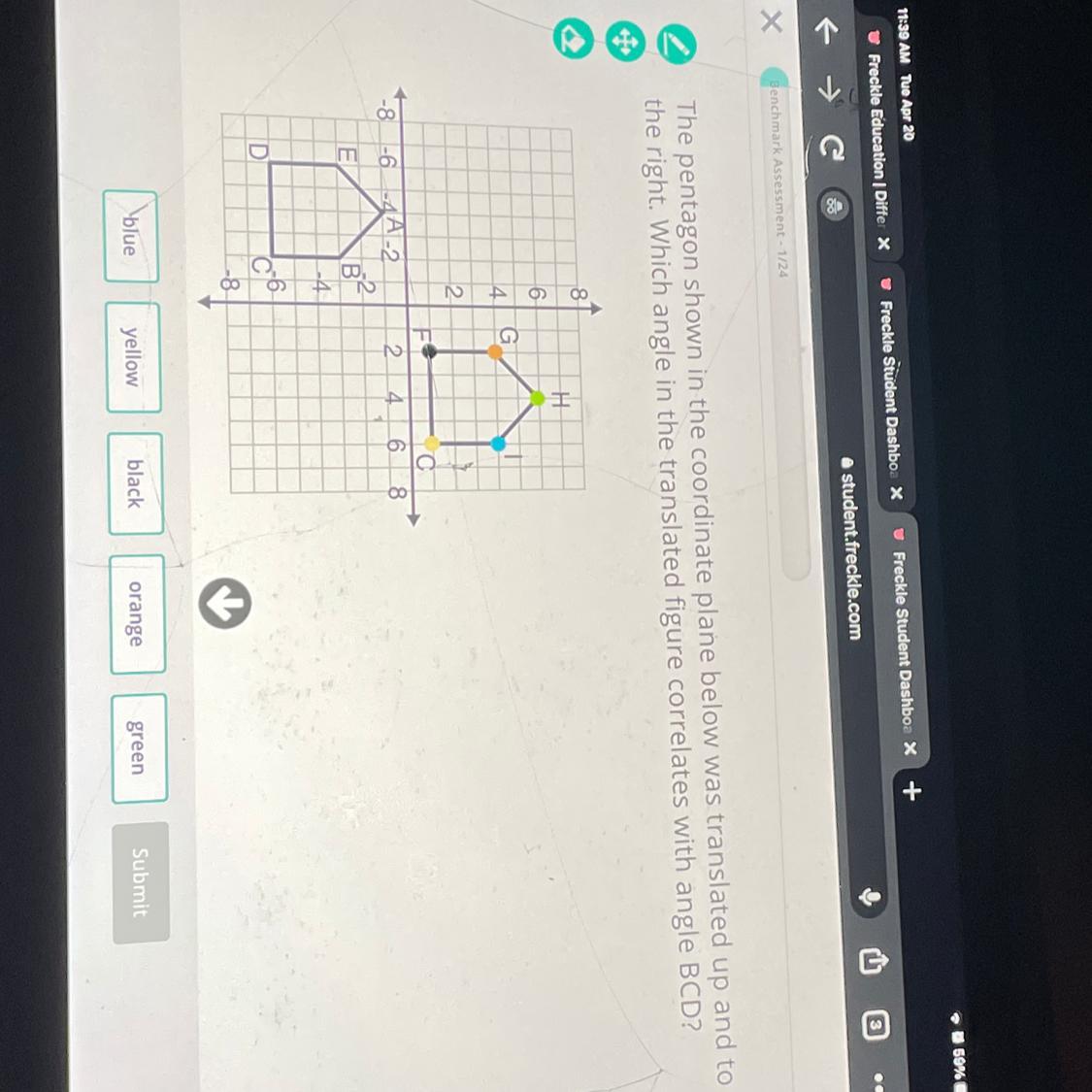 The Pentagon Shown In The Coordinate Plane Below Wastranslated Up And To The Right. Which Angle In Thetranslated