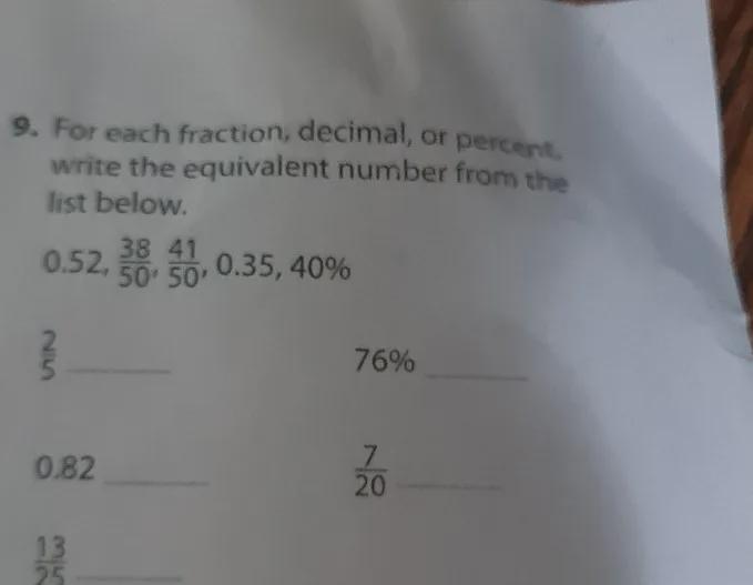9. For Each Fraction, Decimal, Or Percent, Write The Equivalent Number From The List Below 0.52, 38,