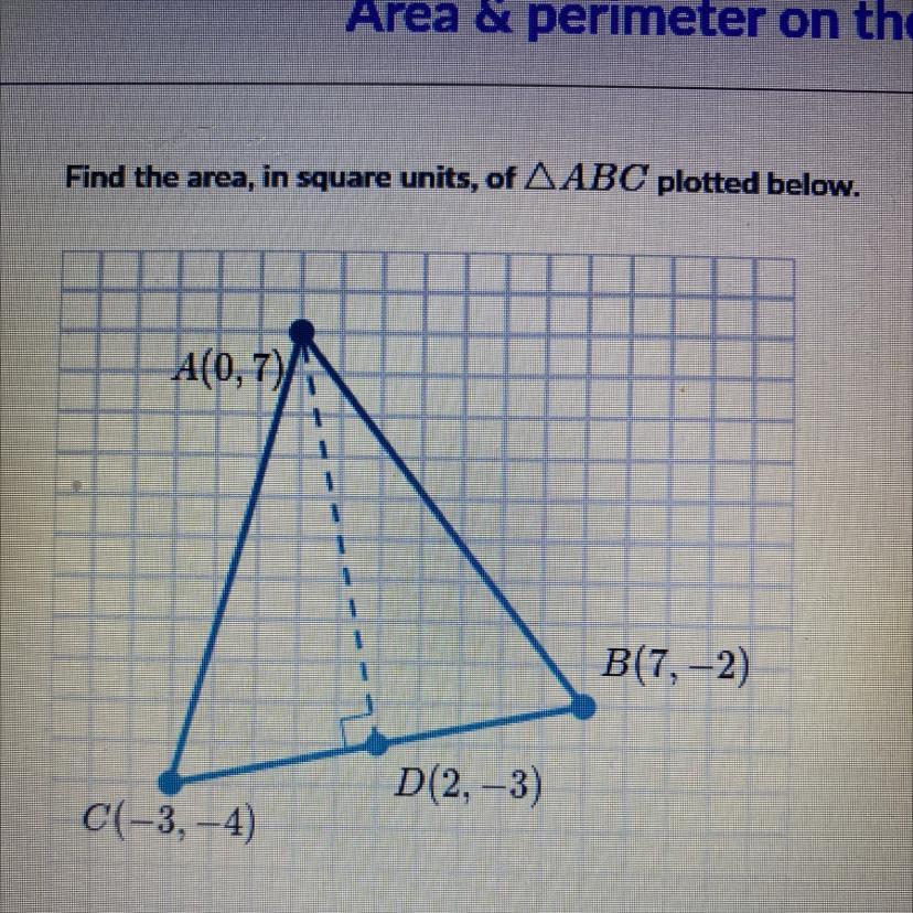 Find The Area, In Square Units, Of ABC Plotted Below.A(0,7)B(7,-2)D(2, -3)C(-3,-4)