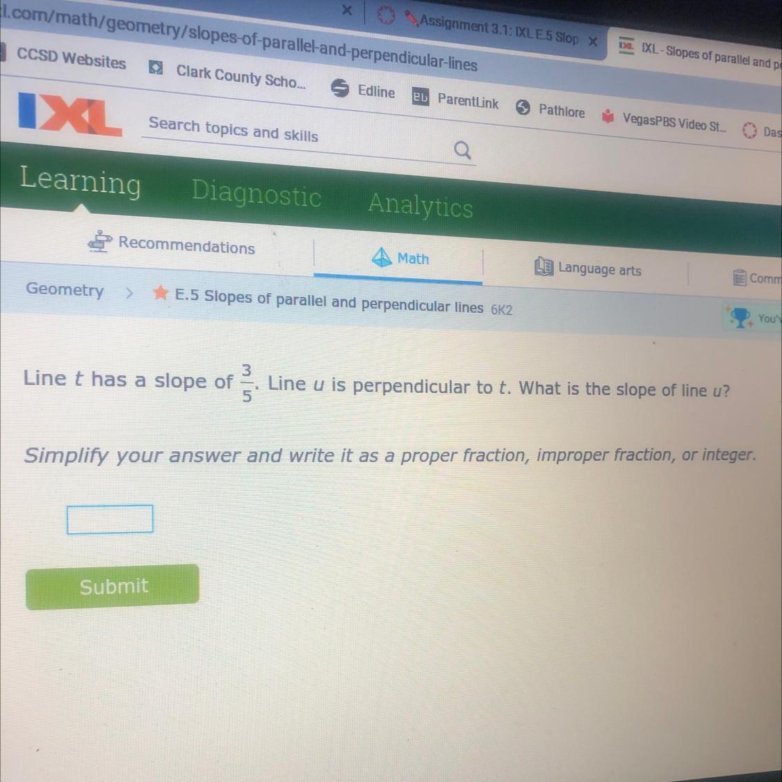 Line T Has A Slope Of 3/5 Line U Is Perpendicular To T What Is The Slope Of Line U