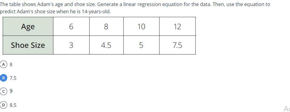 The Table Shows Adam's Age And Shoe Size. Generate A Linear Regression Equation For The Data. Then, Use