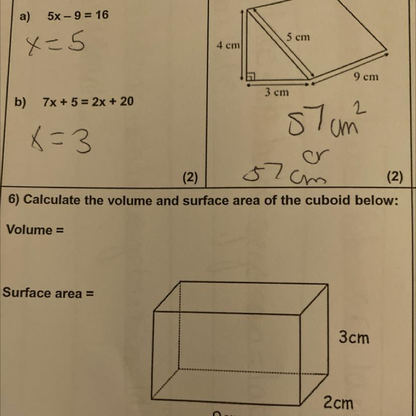 6) Calculate The Volume And Surface Area Of The Cuboid Below:Volume =Surface Area =