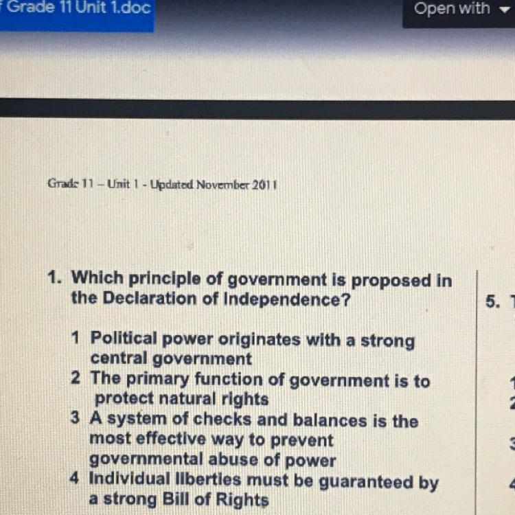 1. Which Principle Of Government Is Proposed Inthe Declaration Of Independence?1 Political Power Originates