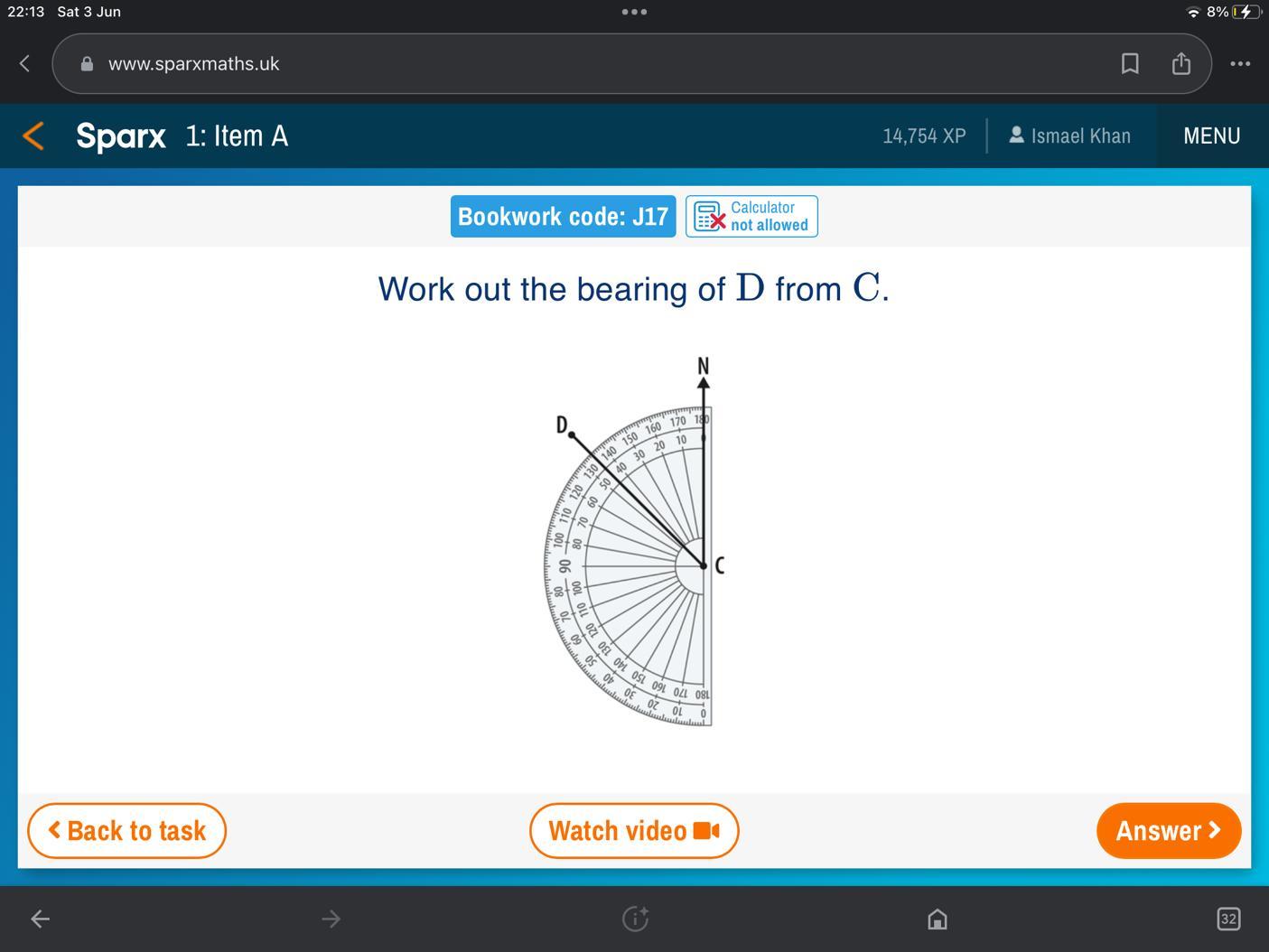 &lt; Sparx 1: Item A&lt; Back To TaskCalculatornot AllowedWork Out The Bearing Of D From C.Bookwork Code: