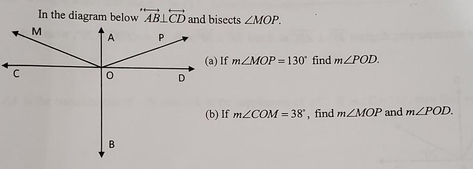In The Diagram Below ABCD And Bisects MOP.(a) If MMOP=130 Find MPOD.(b) If MCOM=38, Find MMOP And MPOD.
